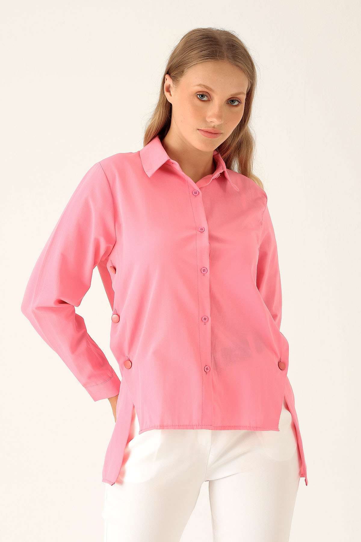 Yandan Çıtçıtlı Düğmeli Bayan Gömlek - 6508A Şeker Pembe 
