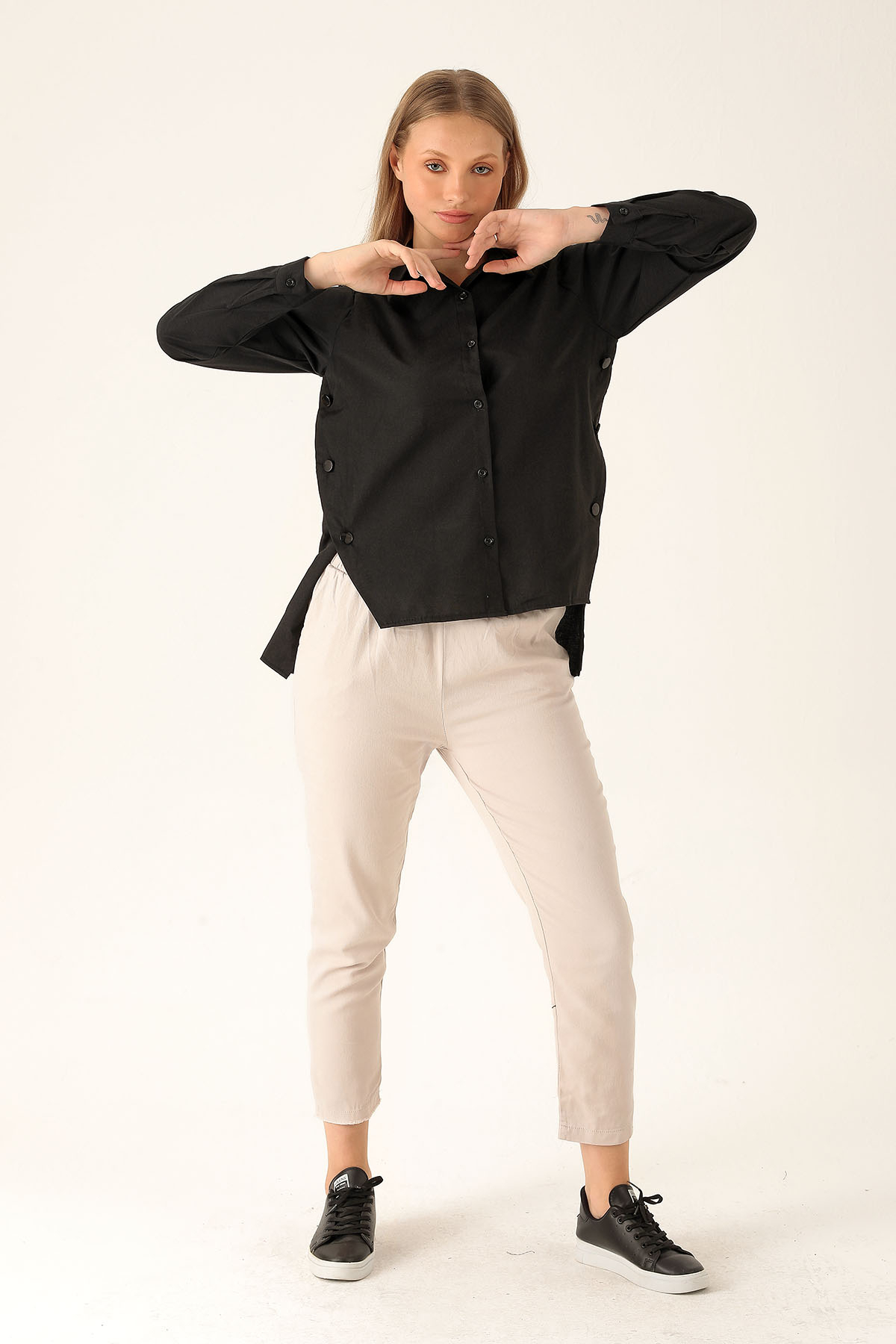 Yandan Çıtçıtlı Düğmeli Bayan Gömlek - 6508A Siyah - 5