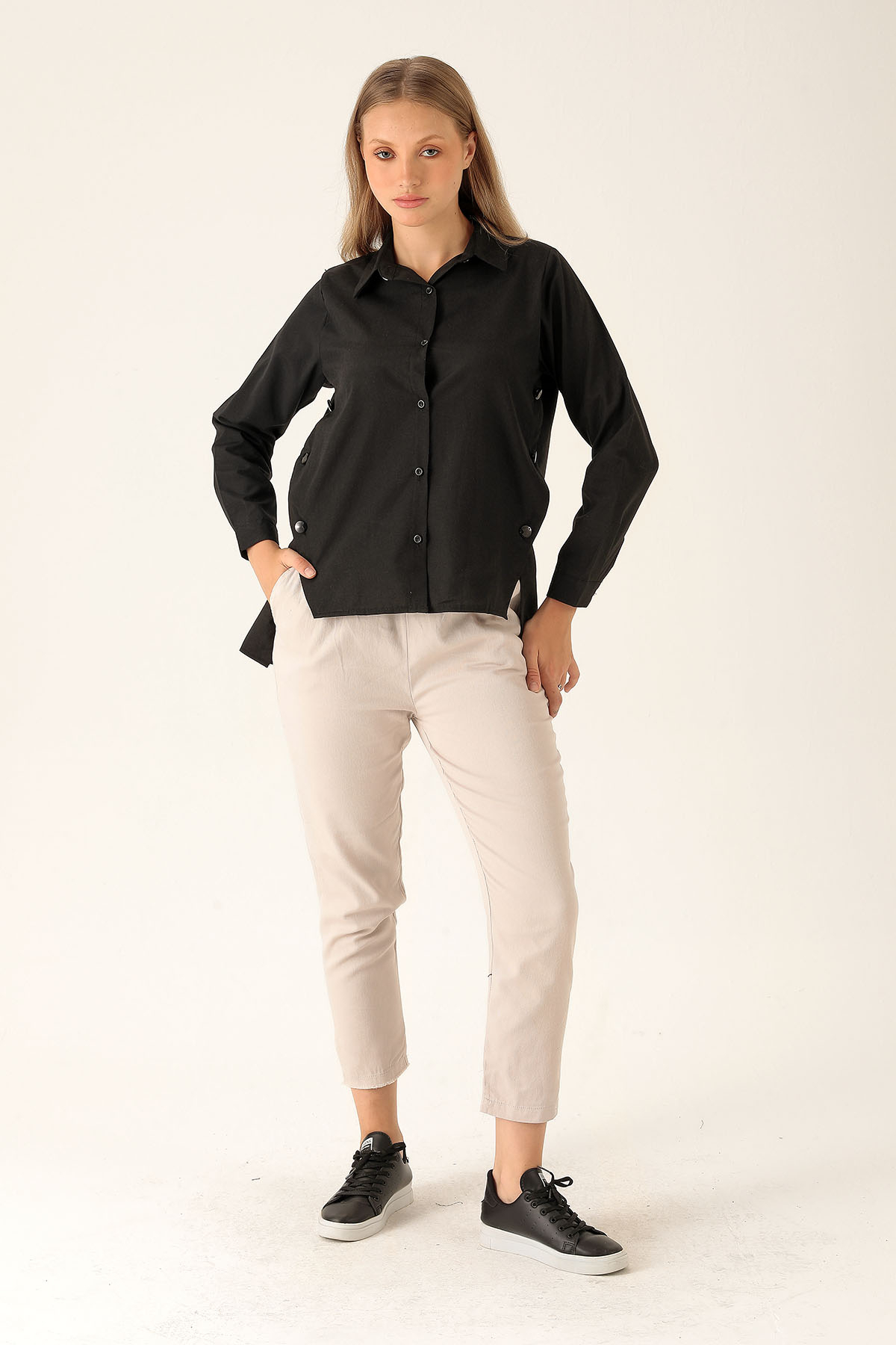 Yandan Çıtçıtlı Düğmeli Bayan Gömlek - 6508A Siyah - 4