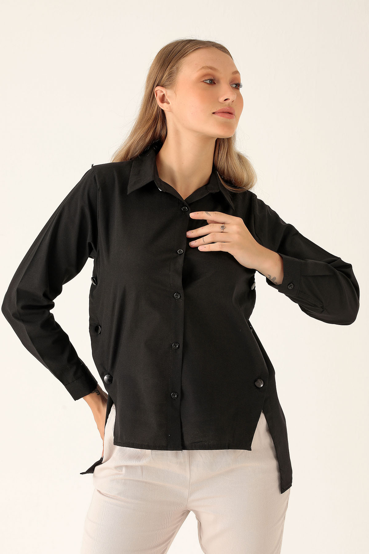Yandan Çıtçıtlı Düğmeli Bayan Gömlek - 6508A Siyah - 2