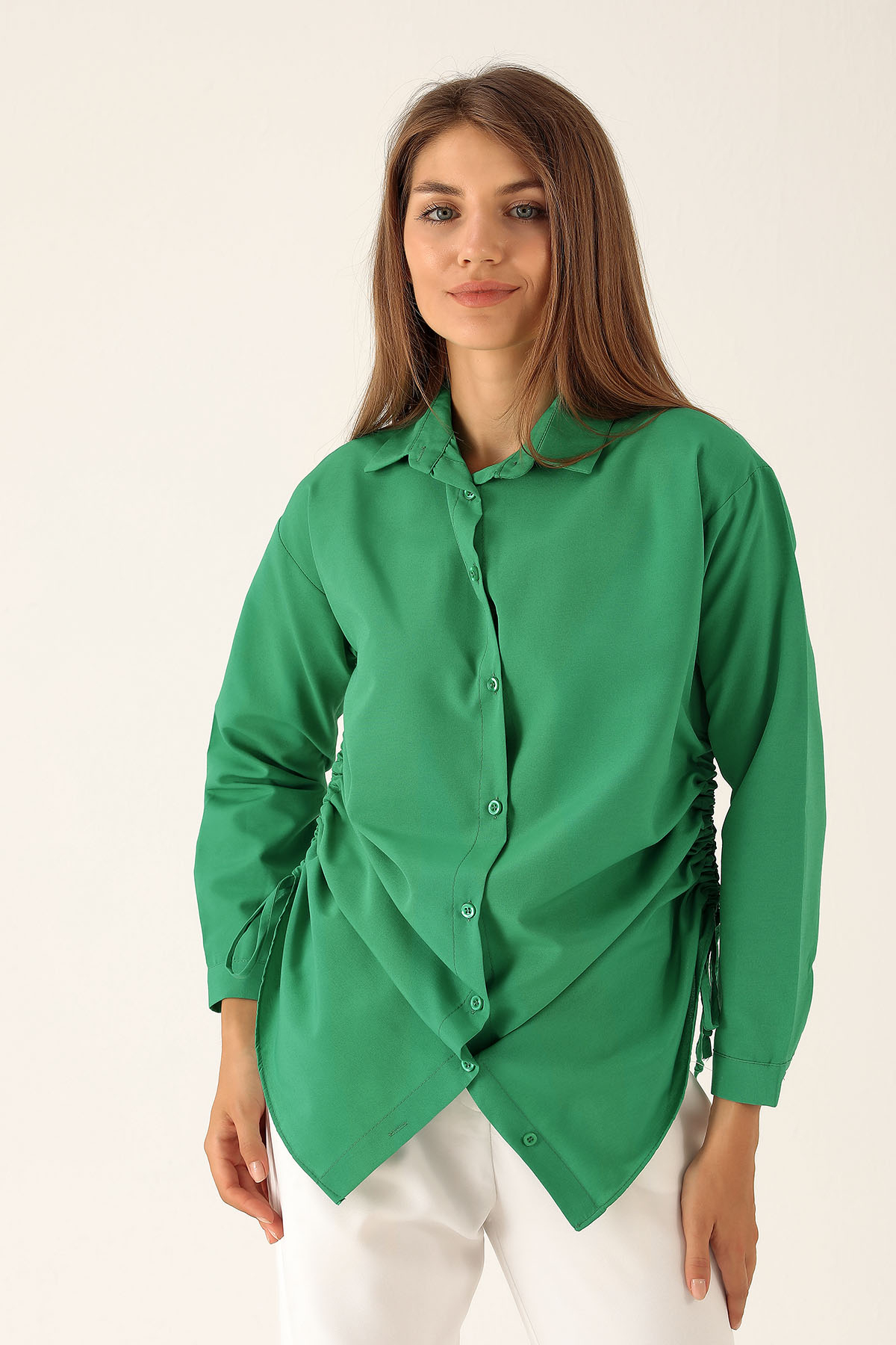 Yanları Büzgülü Bayan Gömlek - 6428A Benetton Yeşili 