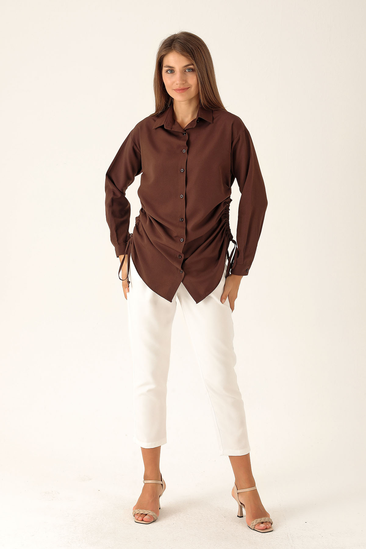 Yanları Büzgülü Bayan Gömlek - 6428A Kahve - 4