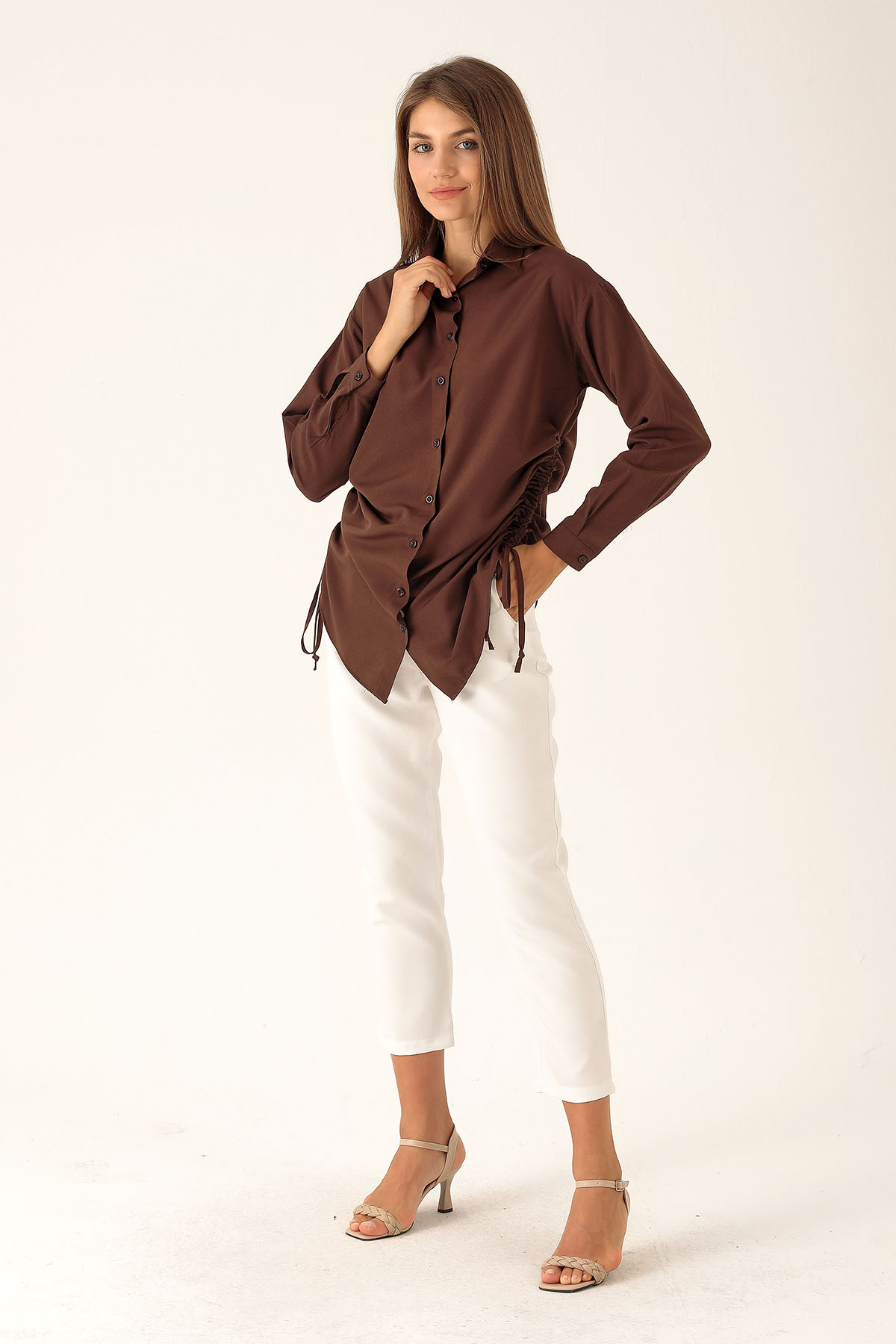 Yanları Büzgülü Bayan Gömlek - 6428A Kahve - 5