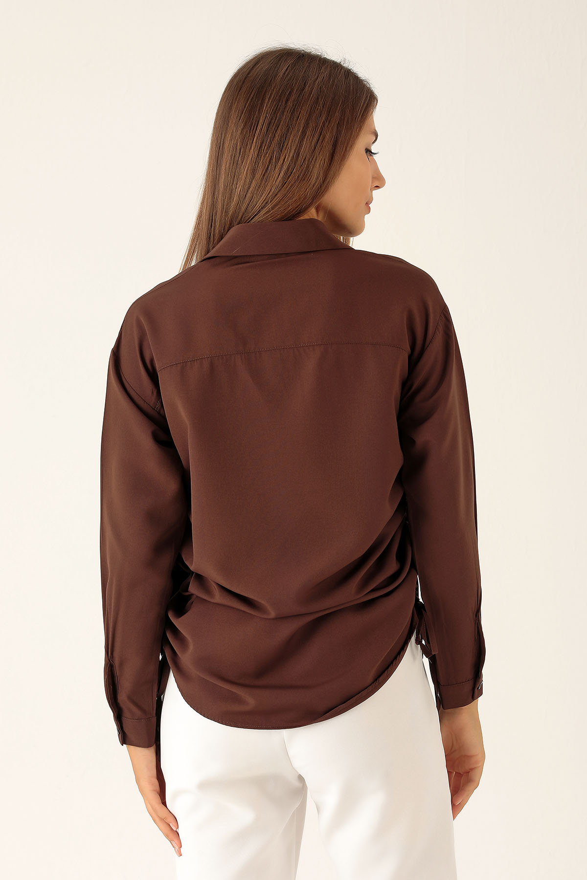 Yanları Büzgülü Bayan Gömlek - 6428A Kahve - 3