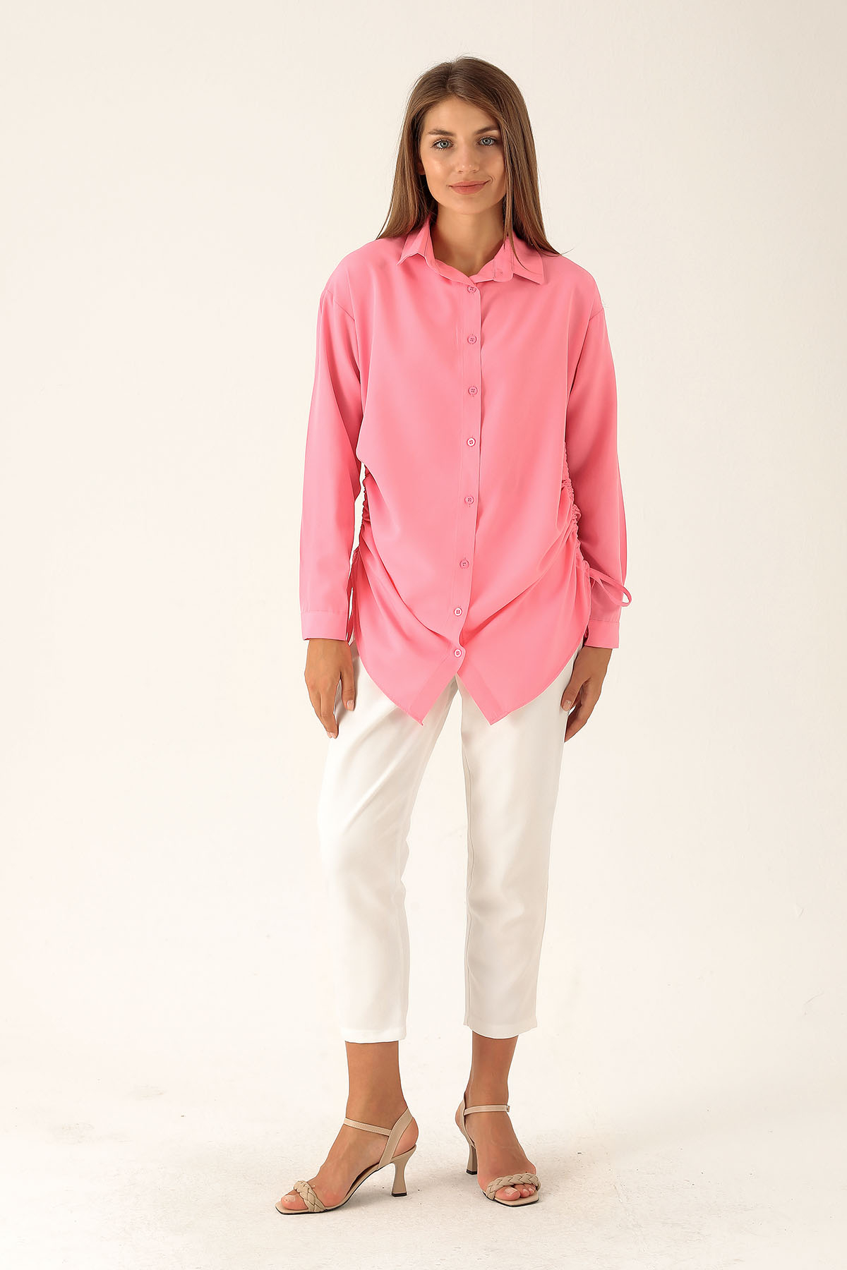 Yanları Büzgülü Bayan Gömlek - 6428A Şeker Pembe - 4