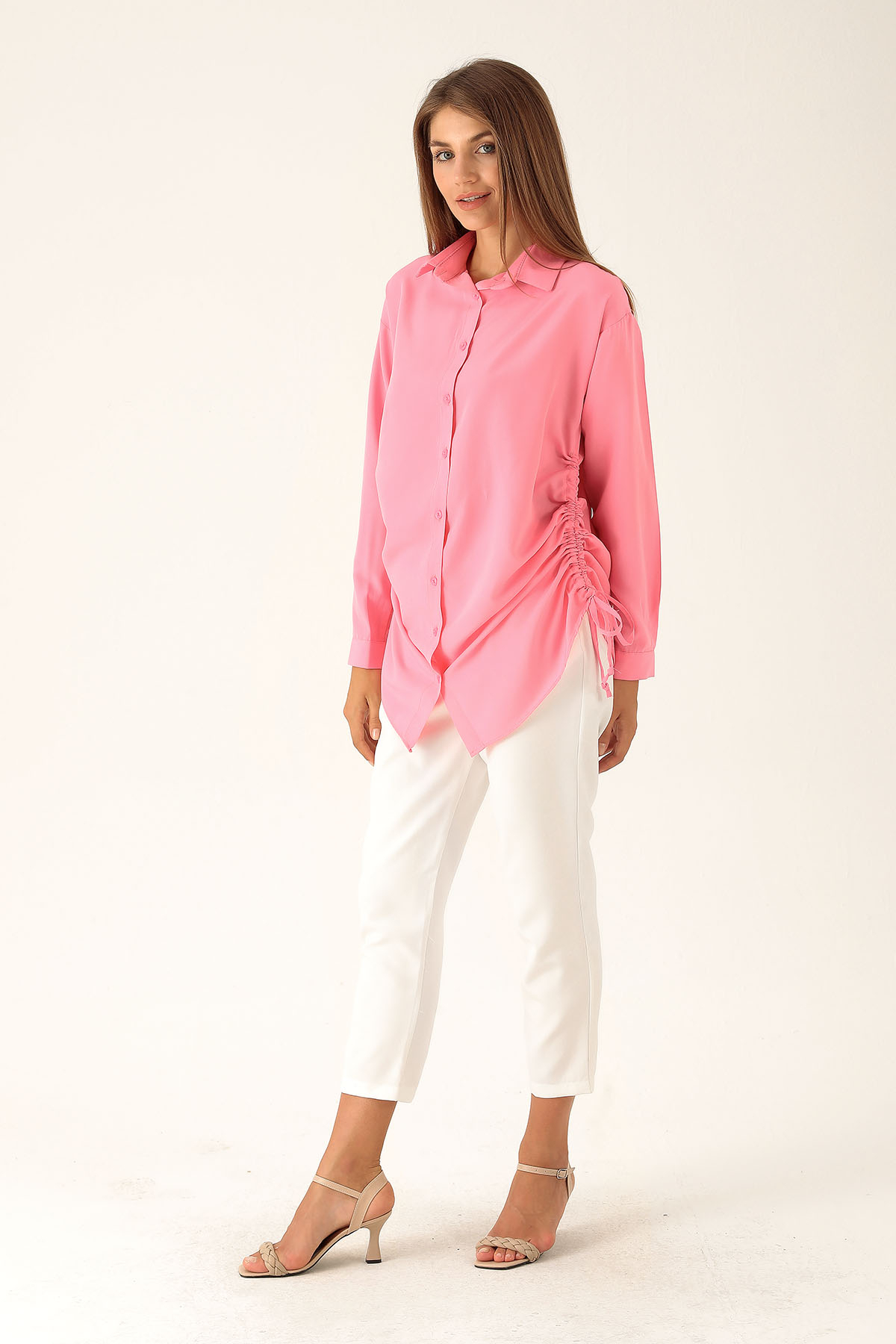 Yanları Büzgülü Bayan Gömlek - 6428A Şeker Pembe - 5
