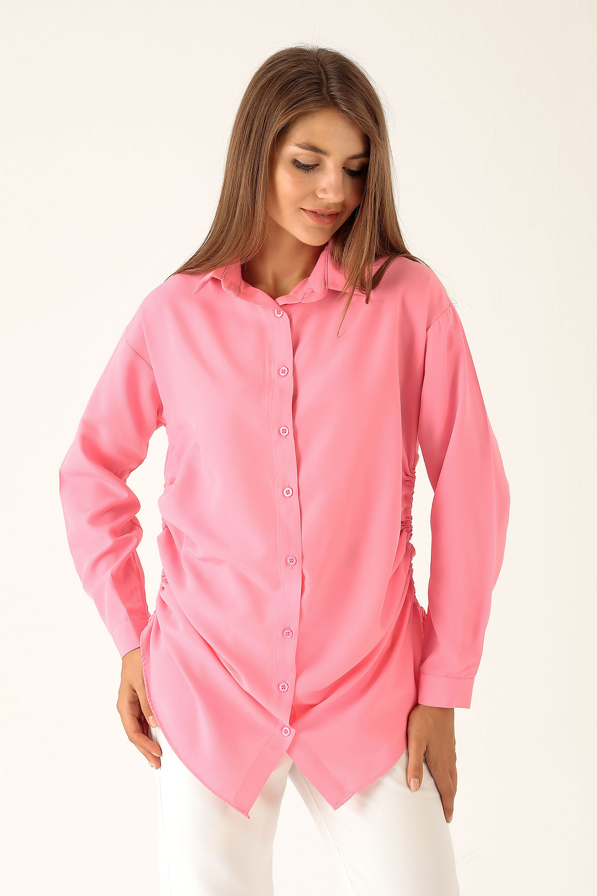 Yanları Büzgülü Bayan Gömlek - 6428A Şeker Pembe - 2