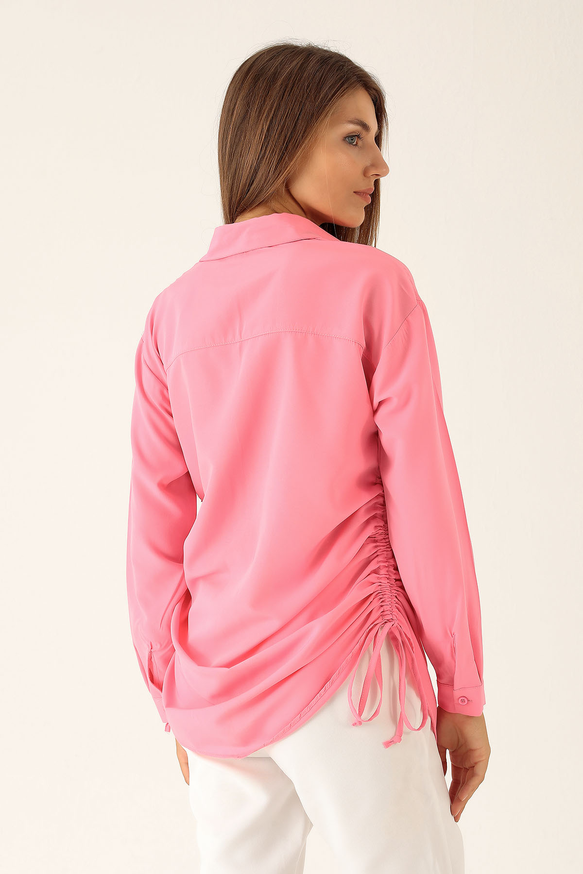 Yanları Büzgülü Bayan Gömlek - 6428A Şeker Pembe - 3