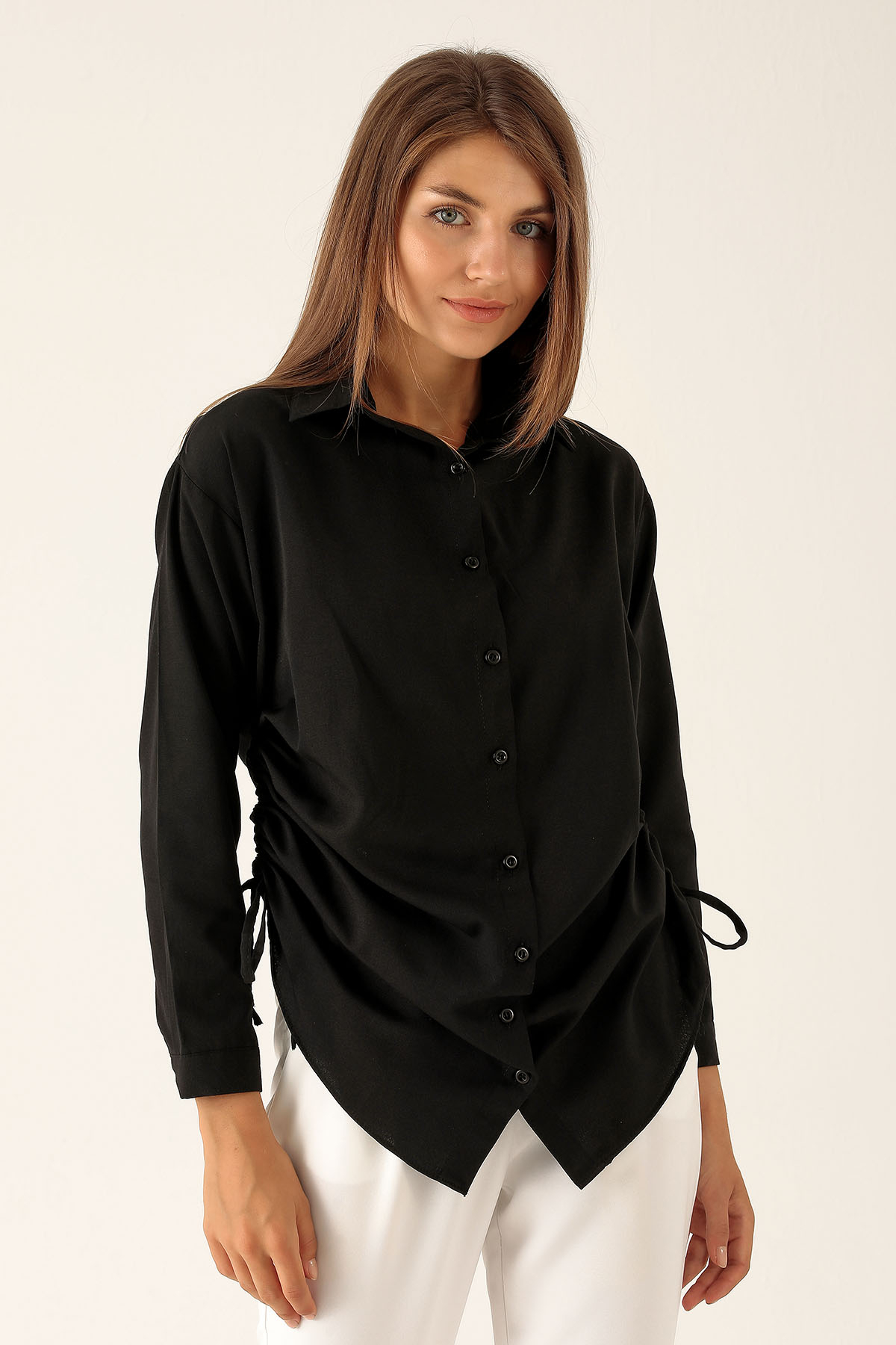 Yanları Büzgülü Bayan Gömlek - 6428A Siyah 