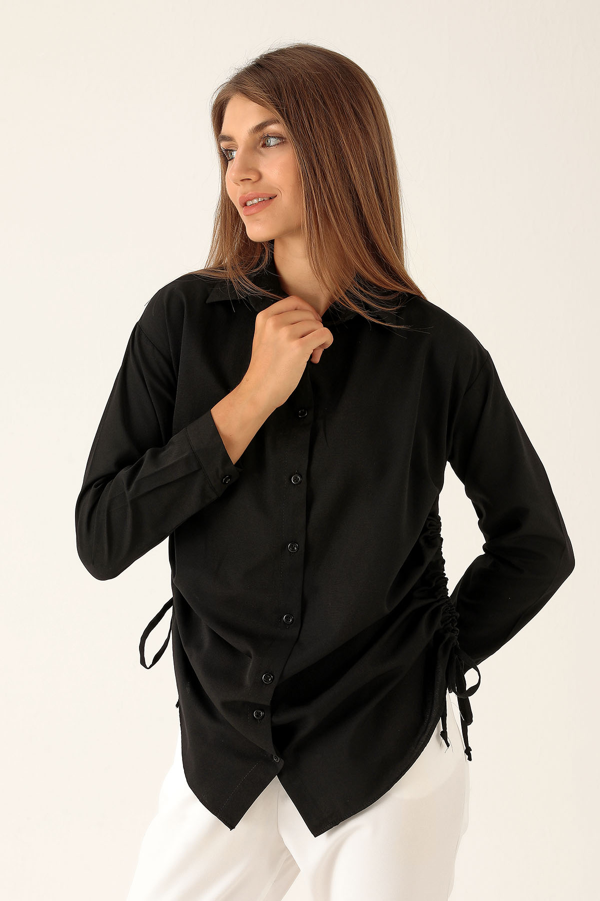 Yanları Büzgülü Bayan Gömlek - 6428A Siyah - 2