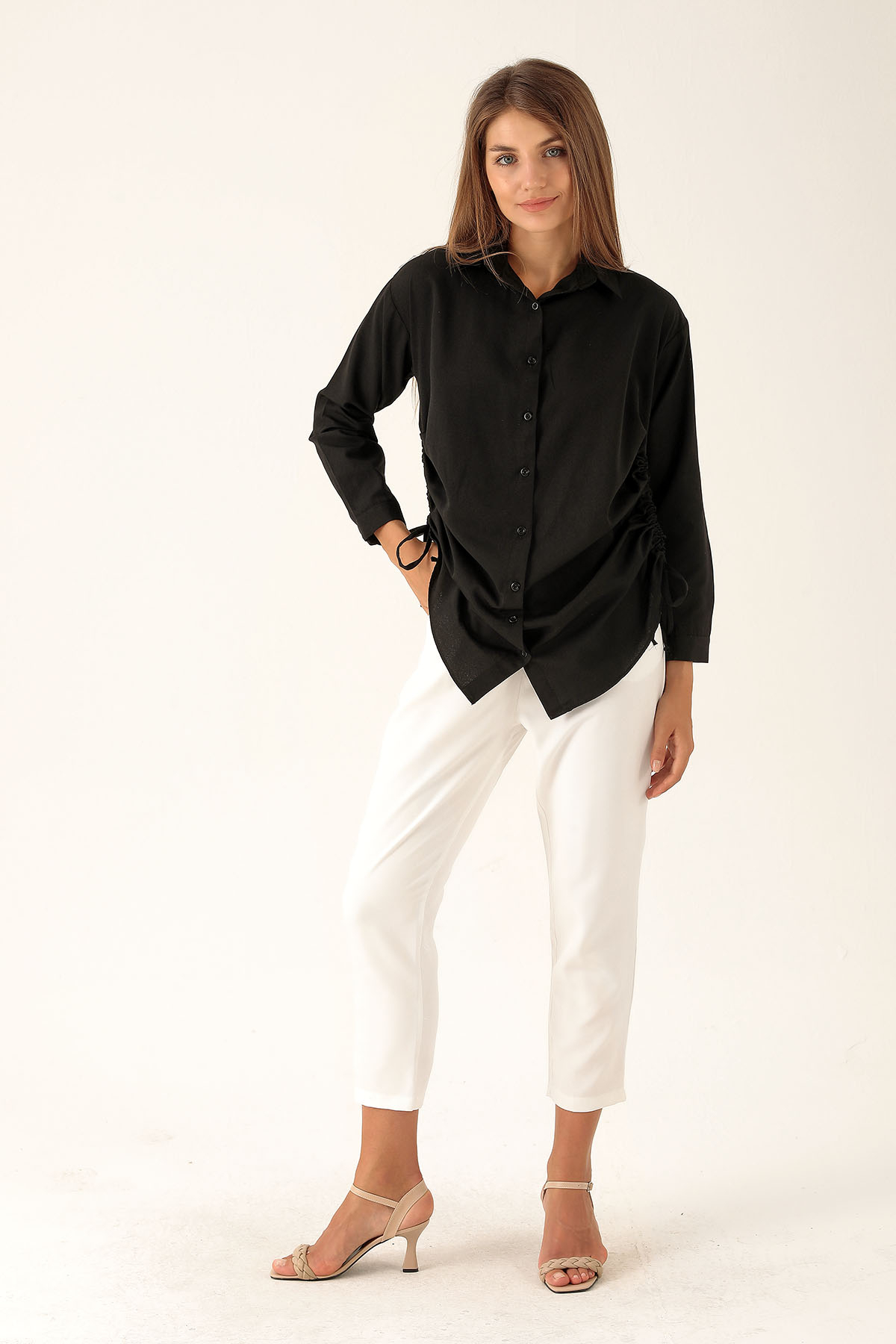 Yanları Büzgülü Bayan Gömlek - 6428A Siyah - 4