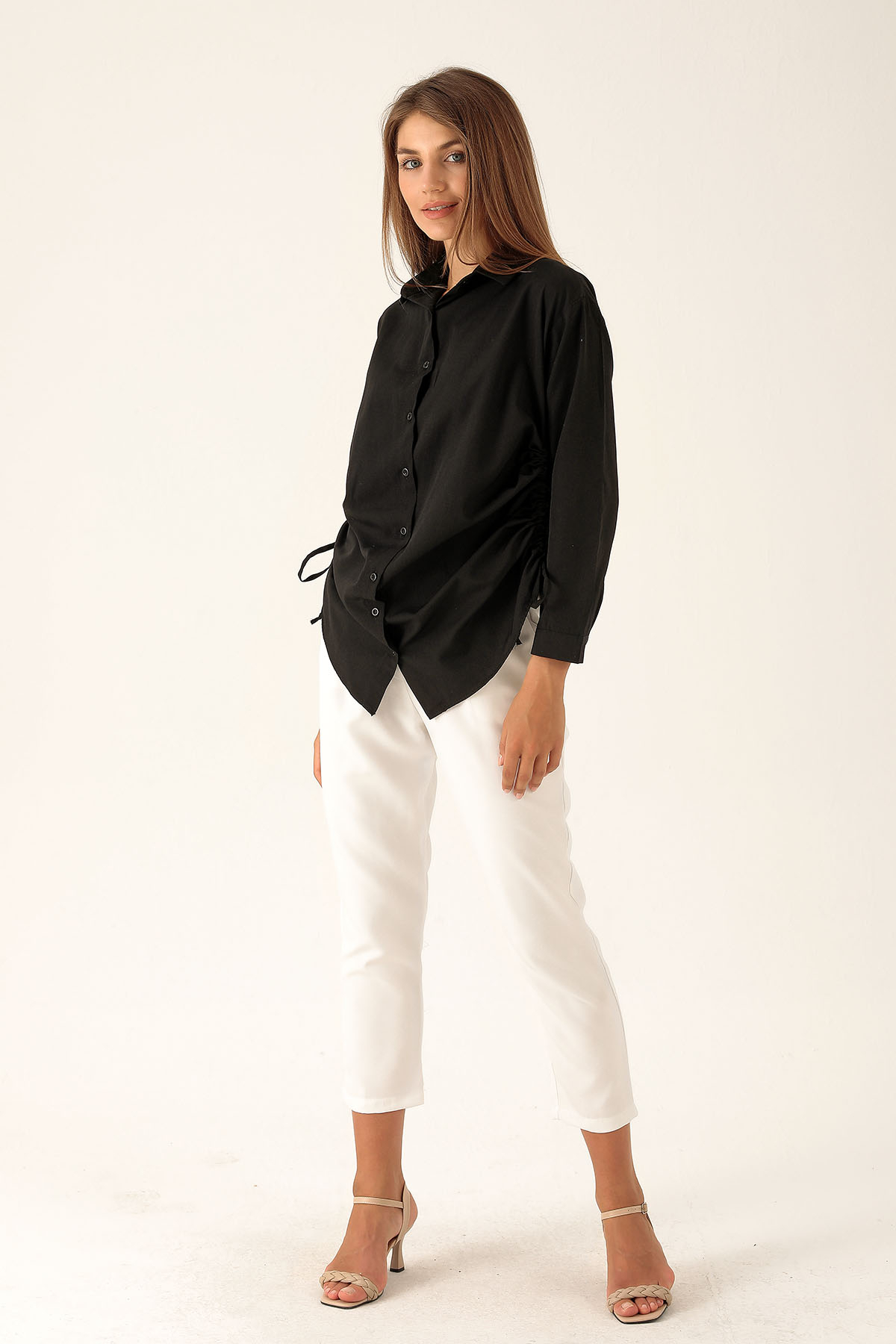 Yanları Büzgülü Bayan Gömlek - 6428A Siyah - 5