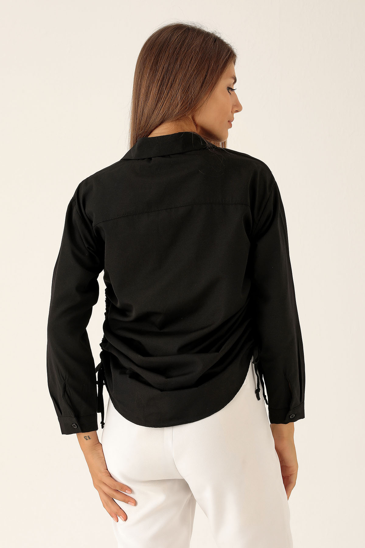 Yanları Büzgülü Bayan Gömlek - 6428A Siyah - 3