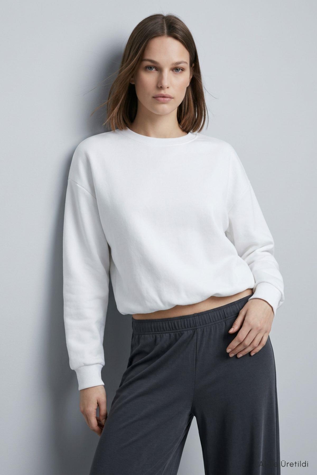 Yarasa Kollu Beli Lastikli Crop Sweatshirt 979 Ekru - RAYS