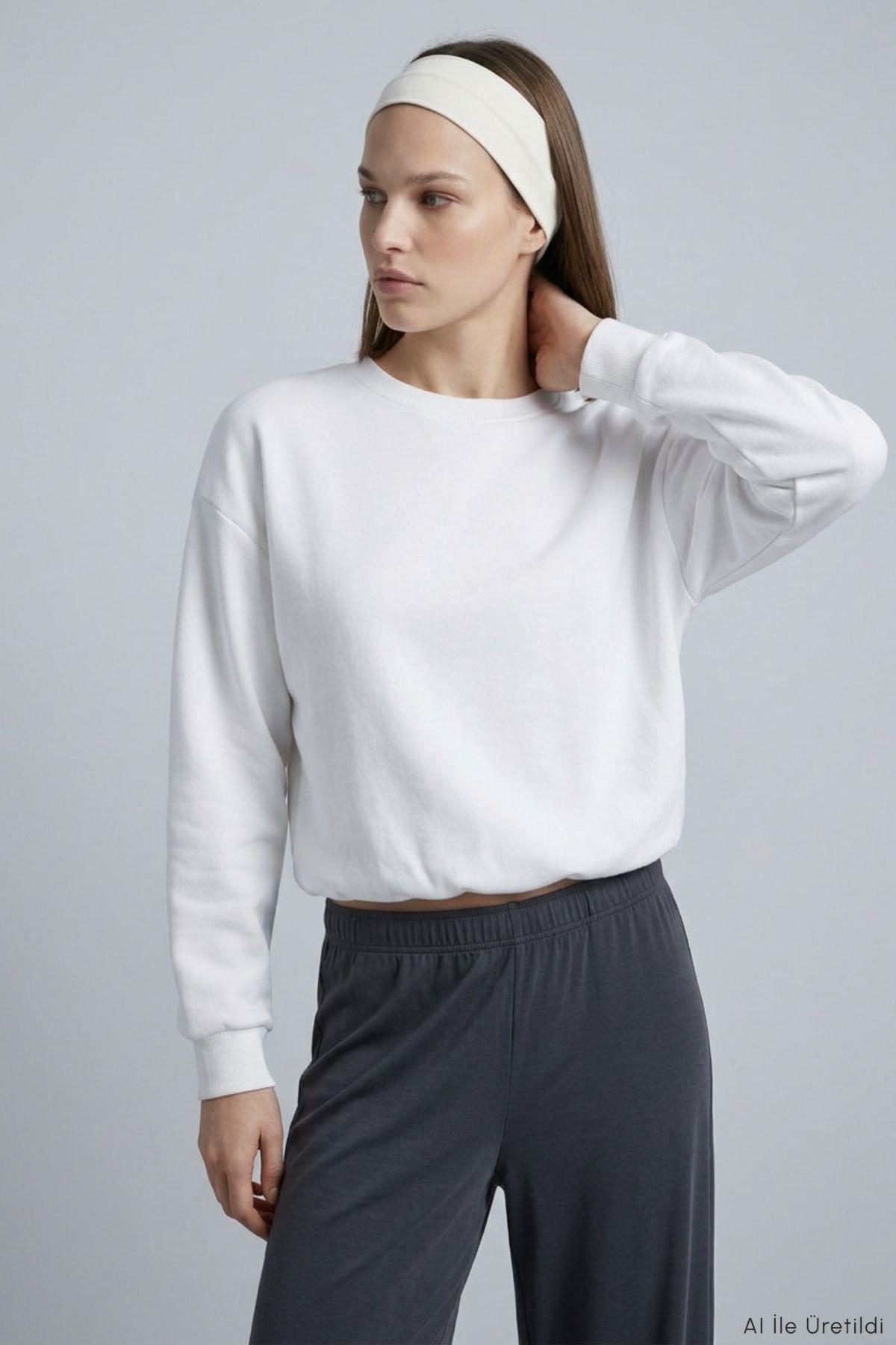 Yarasa Kollu Beli Lastikli Crop Sweatshirt 979 Ekru - RAYS (1)