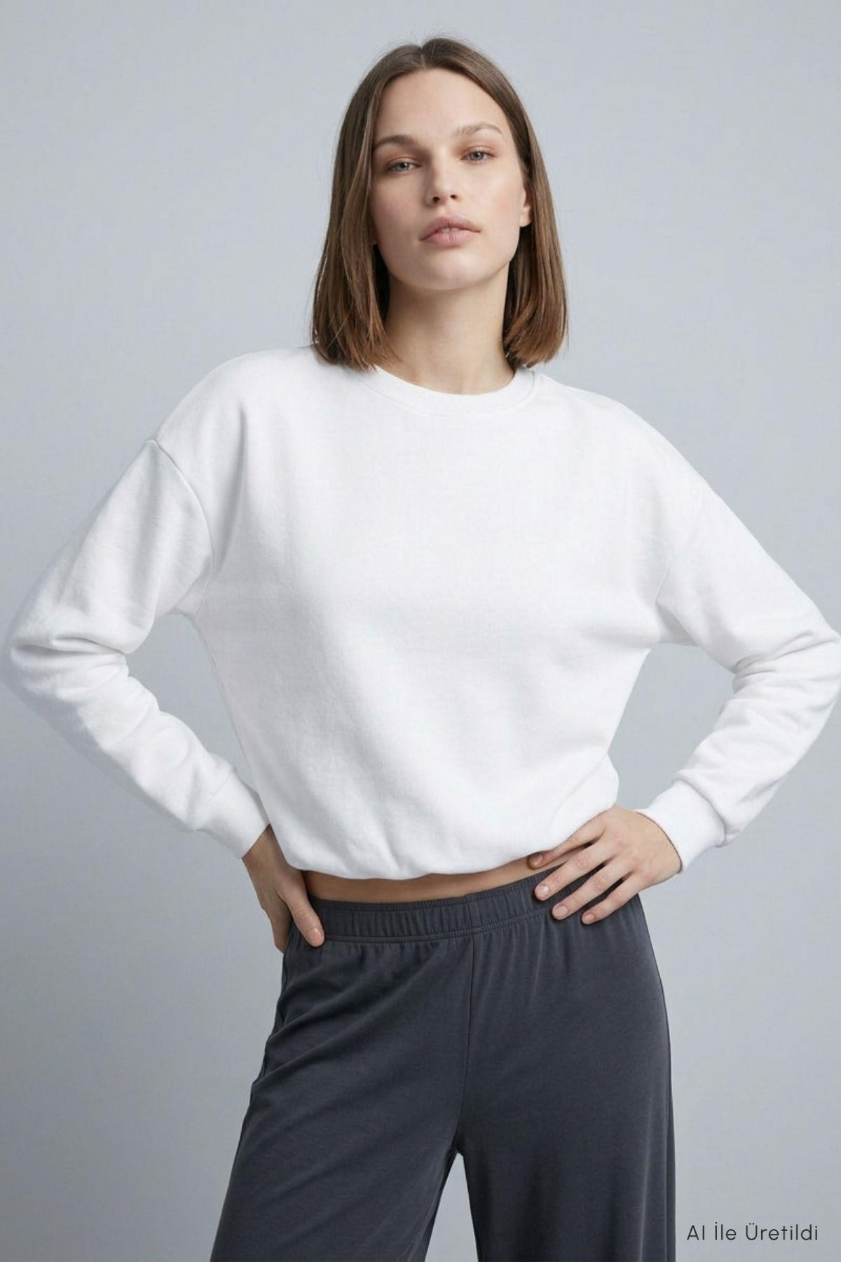 Yarasa Kollu Beli Lastikli Crop Sweatshirt 979 Ekru - 3