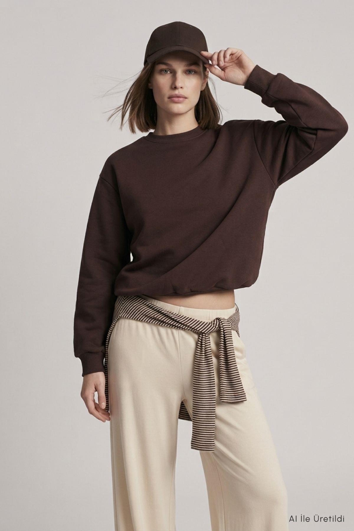 Yarasa Kollu Beli Lastikli Crop Sweatshirt 979 Kahve - 1