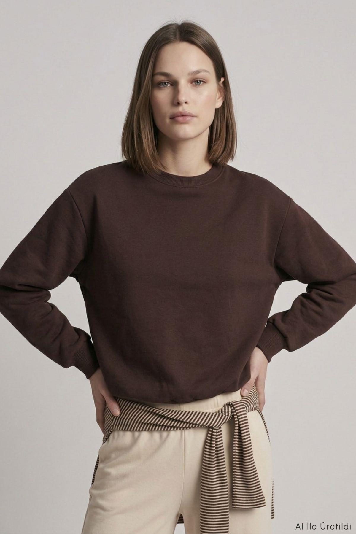Yarasa Kollu Beli Lastikli Crop Sweatshirt 979 Kahve - RAYS (1)