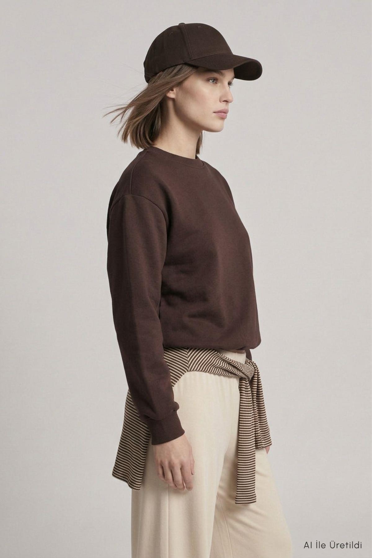Yarasa Kollu Beli Lastikli Crop Sweatshirt 979 Kahve - 3