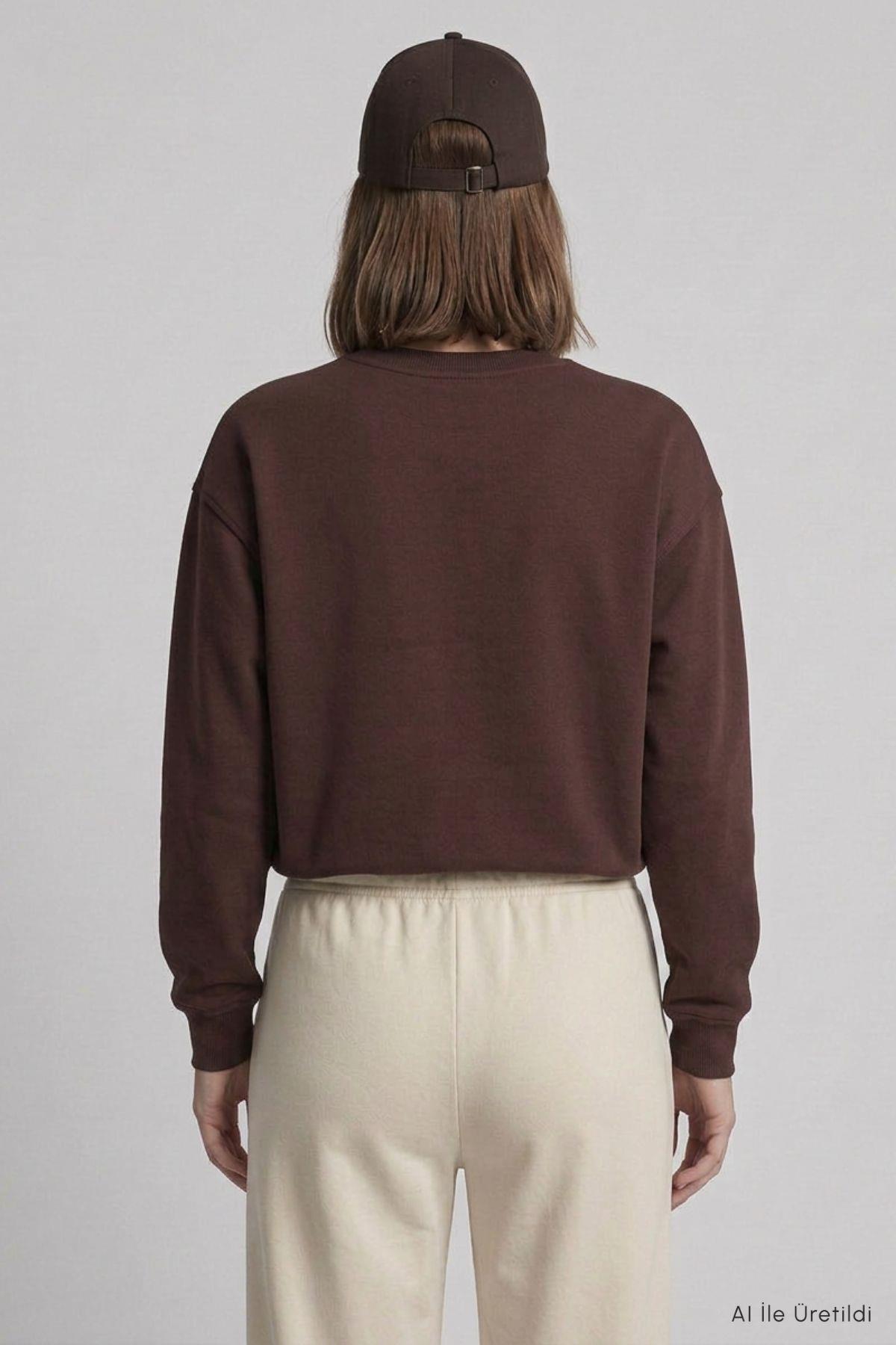 Yarasa Kollu Beli Lastikli Crop Sweatshirt 979 Kahve - 4
