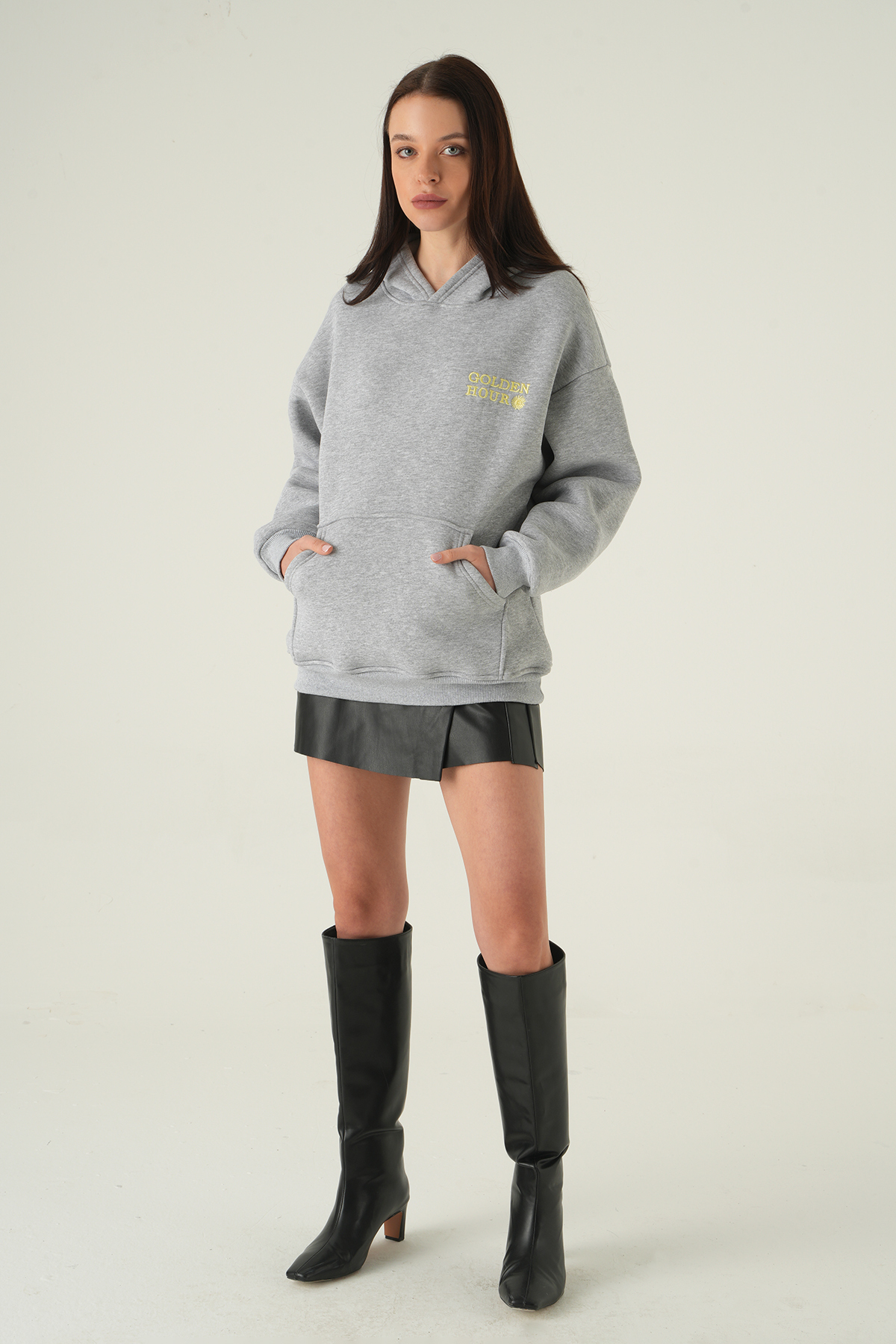 Yazı Nakışlı Kapüşonlu Sweat Gri 0308 - 3