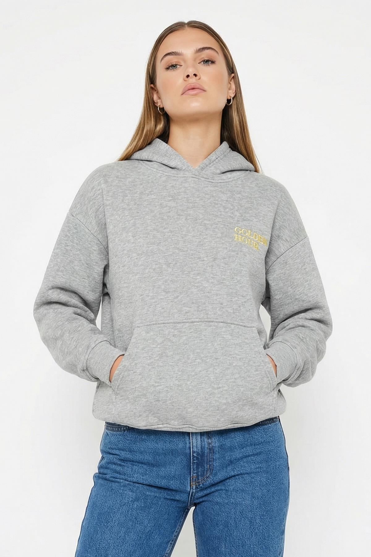  Yazı Nakışlı Kapüşonlu Sweat Gri 0308 - RAYS