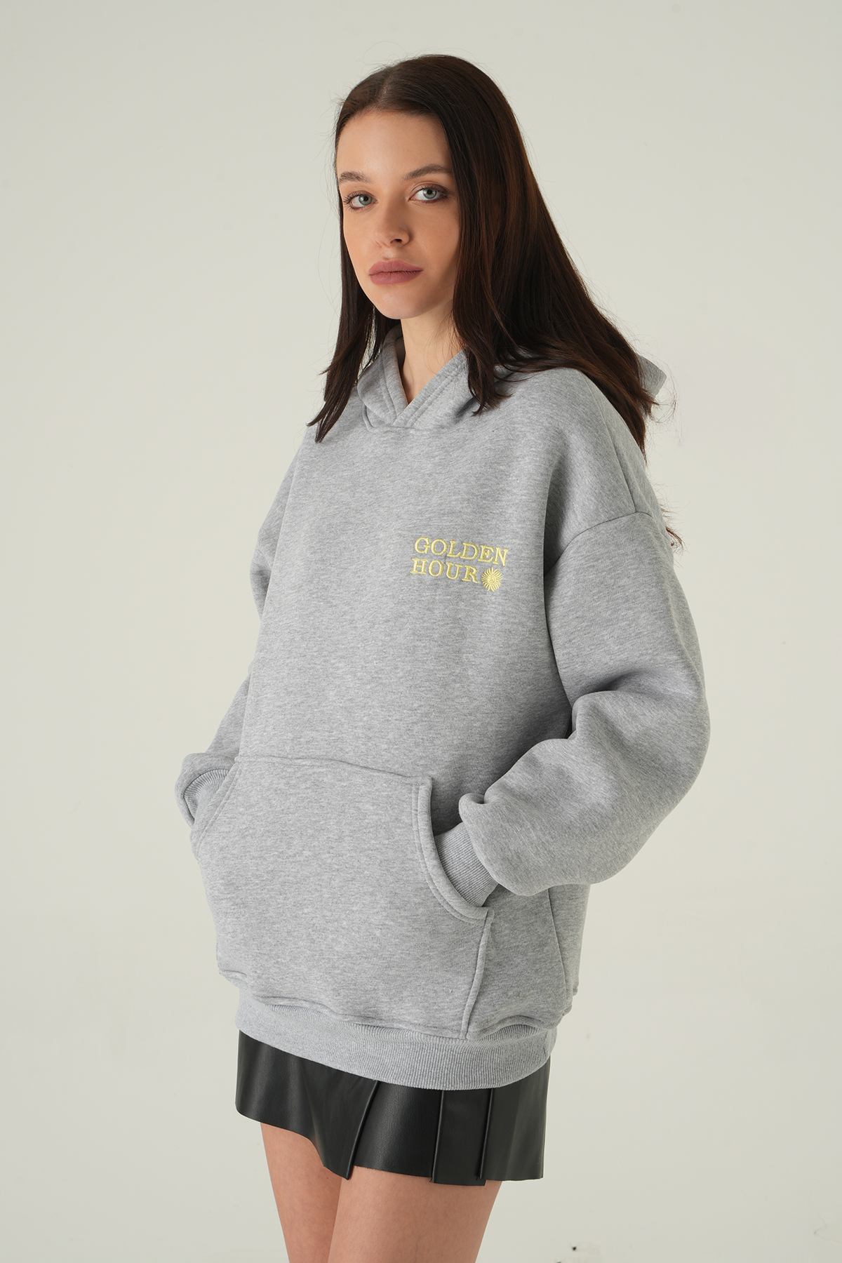 Yazı Nakışlı Kapüşonlu Sweat Gri 0308 - 6