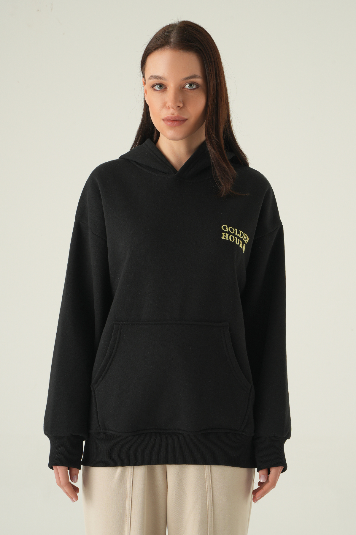 Yazı Nakışlı Kapüşonlu Sweat Siyah 0308 - 1