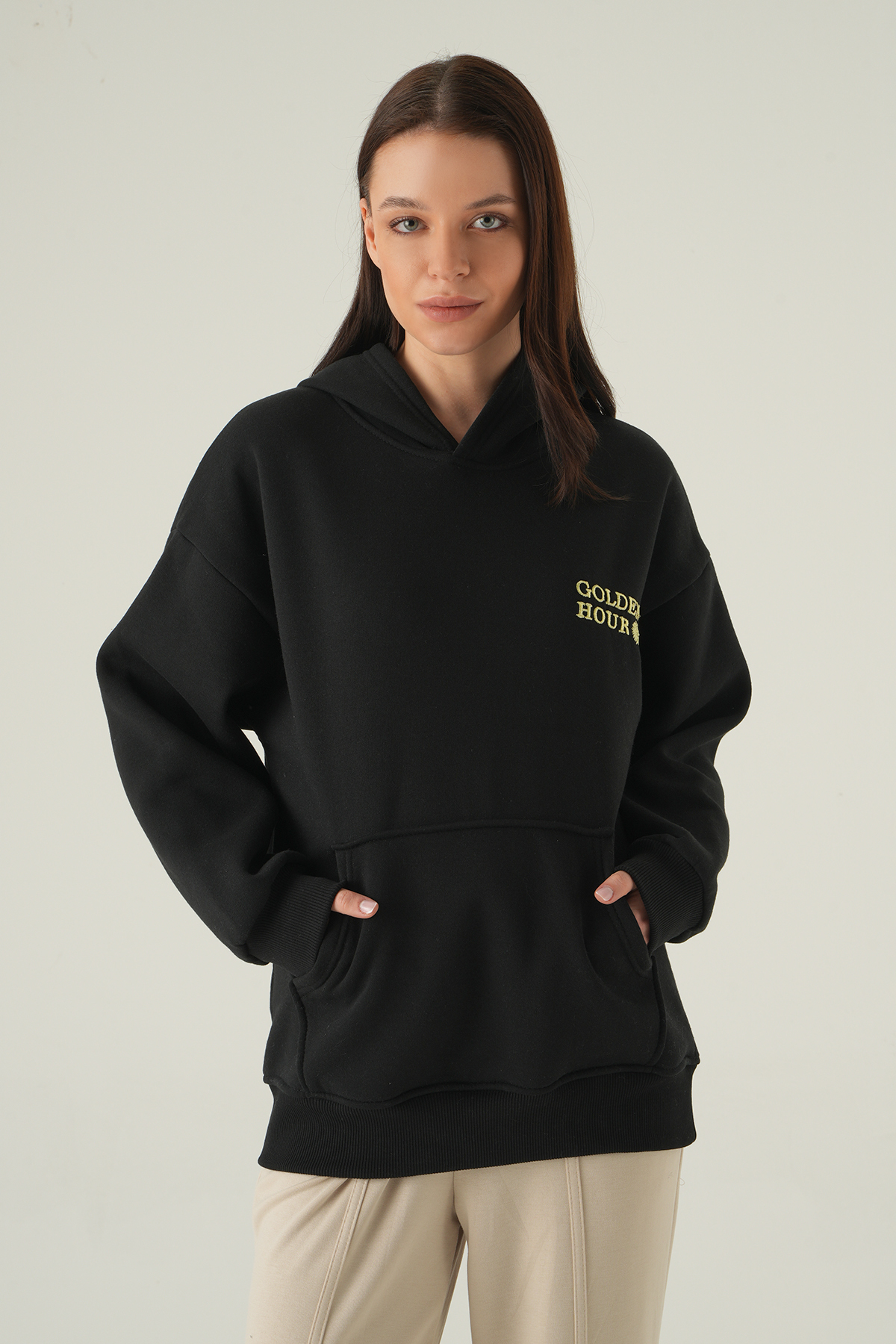 Yazı Nakışlı Kapüşonlu Sweat Siyah 0308 - 2
