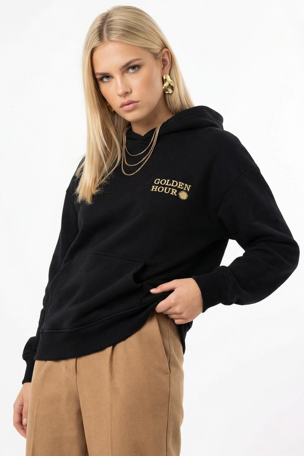  Yazı Nakışlı Kapüşonlu Sweat Siyah 0308 - 1