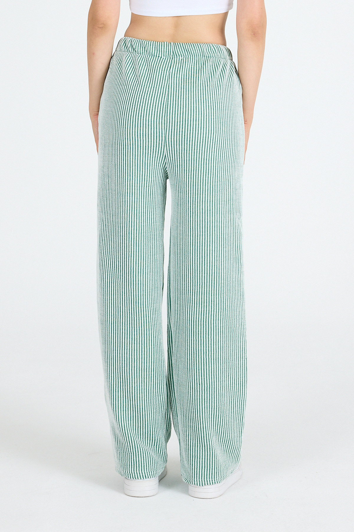 Yeşil Beli Lastikli Çizgili Geniş Paça Dokuma Pantolon 4098 - 5