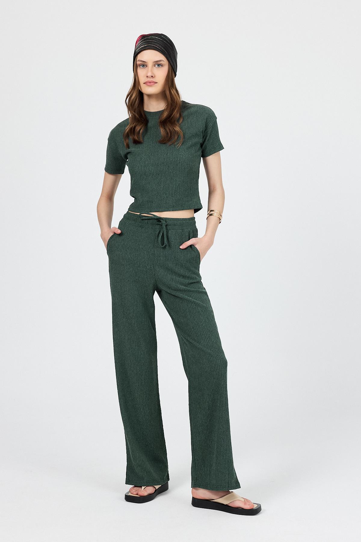 Yeşil Bisiklet Yaka Bürümcük Dokulu Kumaş Alt Üst Takım 1455 - 1