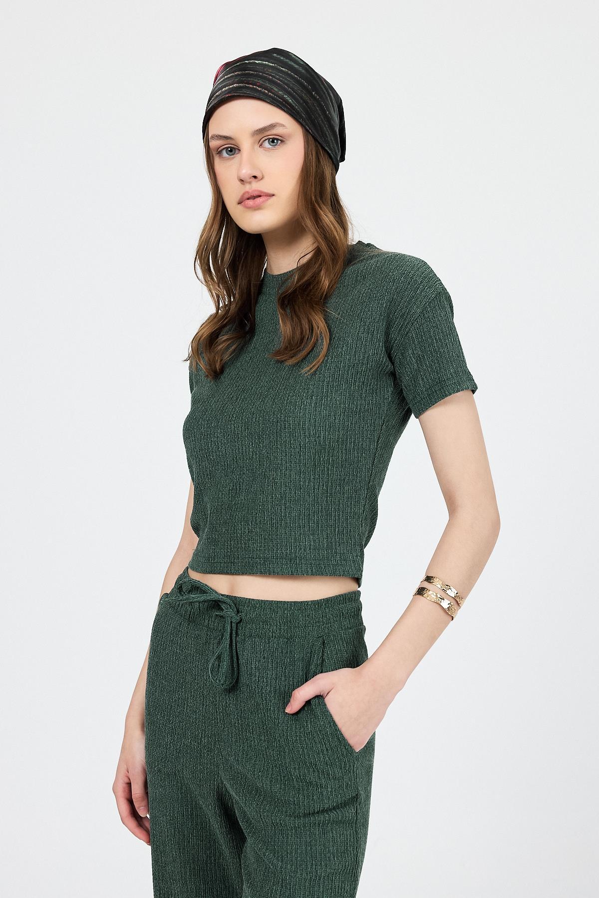 Yeşil Bisiklet Yaka Bürümcük Dokulu Kumaş Alt Üst Takım 1455 - 2