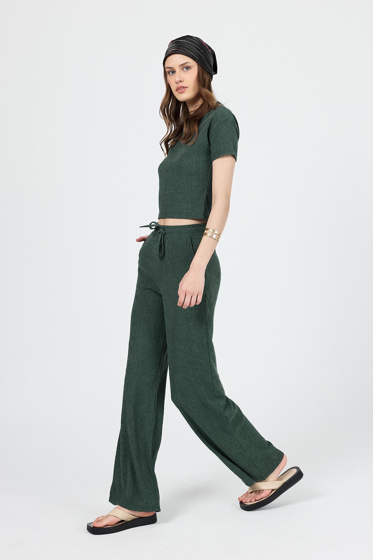 Yeşil Bisiklet Yaka Bürümcük Dokulu Kumaş Alt Üst Takım 1455 - 3