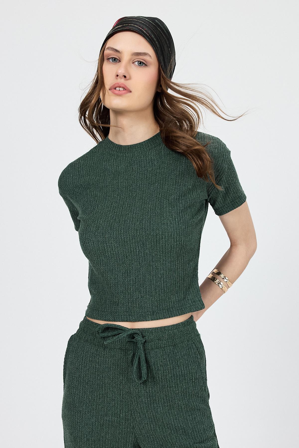 Yeşil Bisiklet Yaka Bürümcük Dokulu Kumaş Alt Üst Takım 1455 - 6