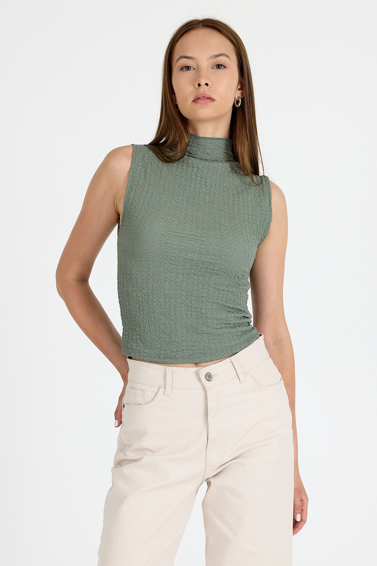 Yeşil Bürümcük Kumaş Dik Yaka Kolsuz Bluz 3458 