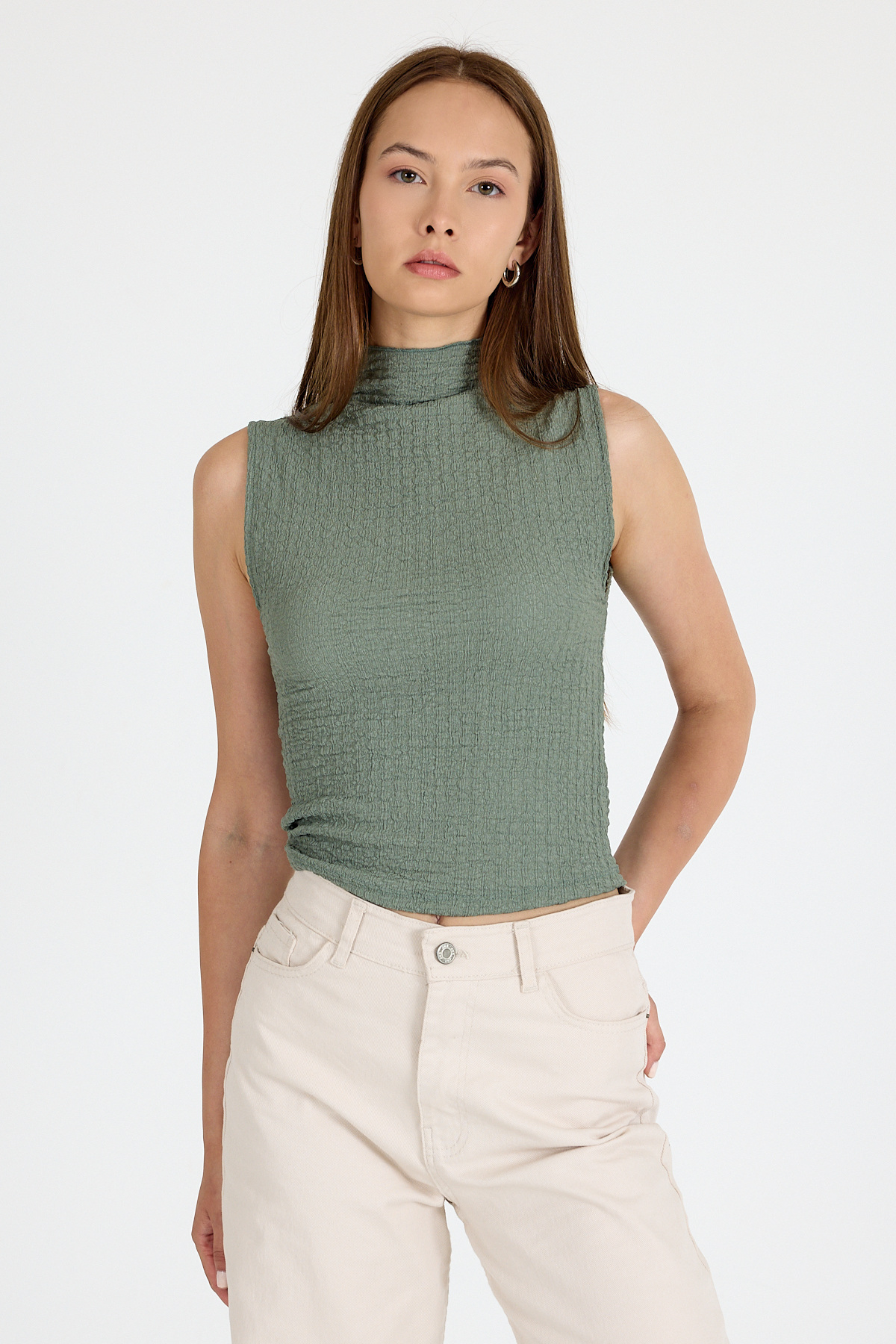 Yeşil Bürümcük Kumaş Dik Yaka Kolsuz Bluz 3458 - 2