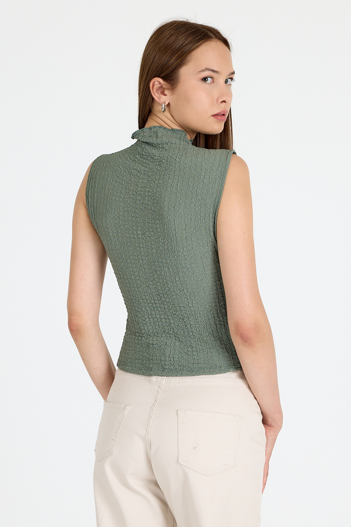 Yeşil Bürümcük Kumaş Dik Yaka Kolsuz Bluz 3458 - 5