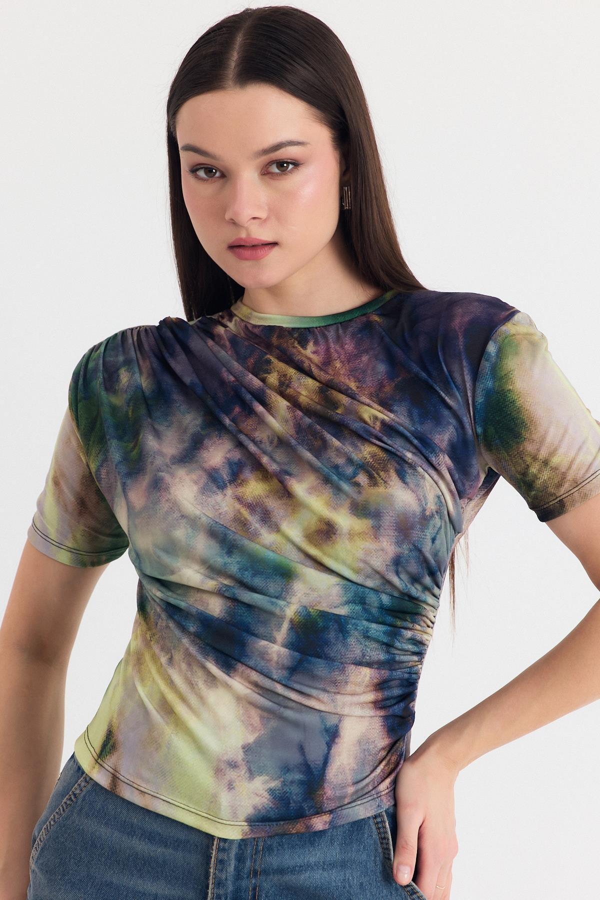 Yeşil Desenli Büzgülü Sandy Bluz 12303 - 3