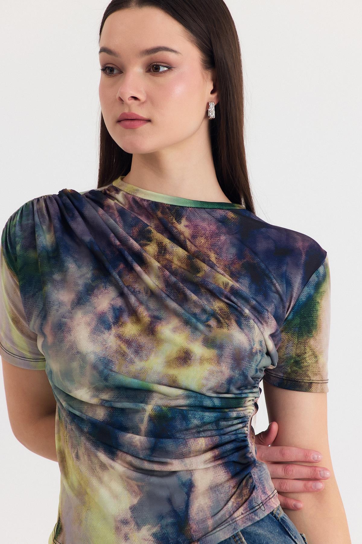 Yeşil Desenli Büzgülü Sandy Bluz 12303 - 4