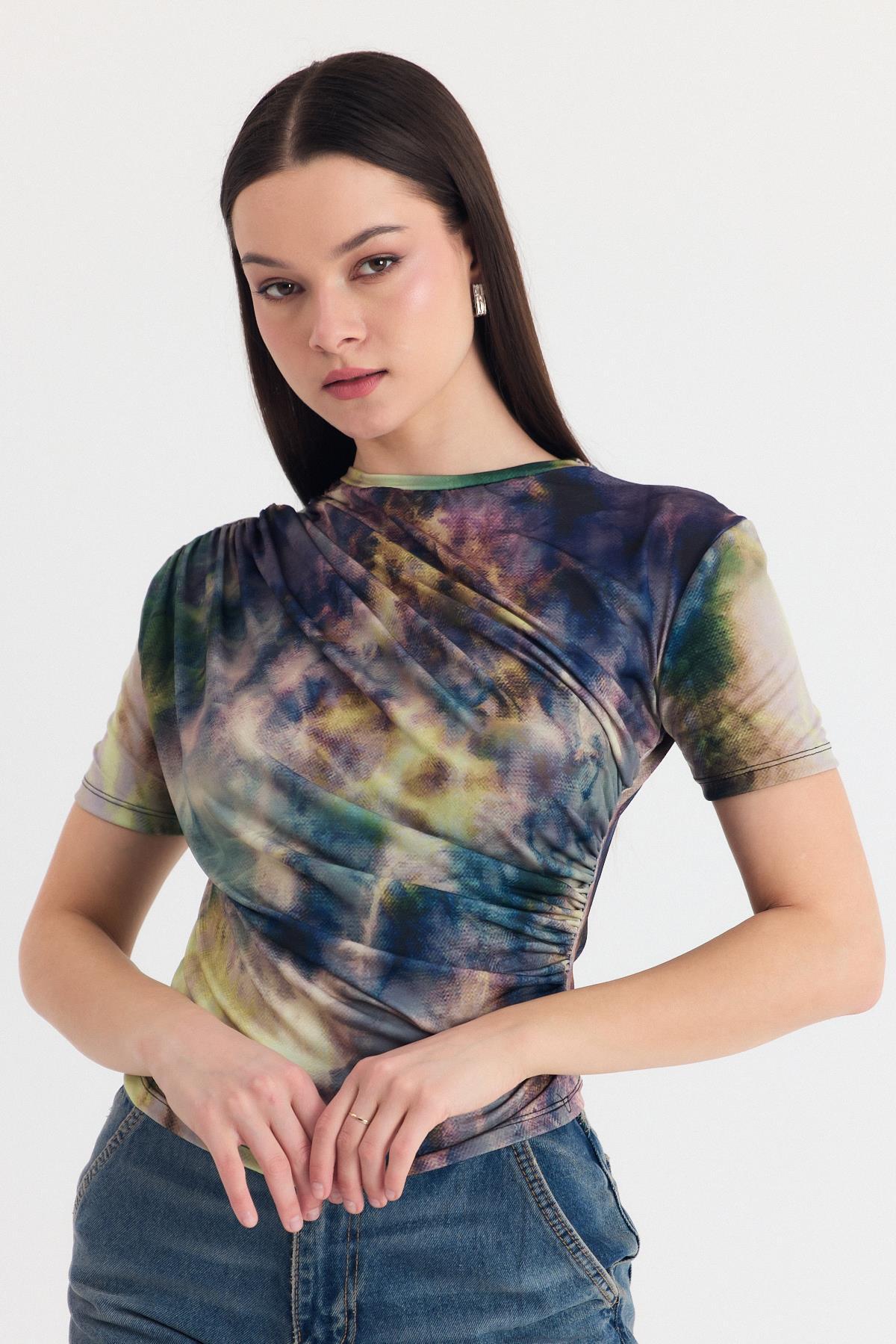 Yeşil Desenli Büzgülü Sandy Bluz 12303 - 6