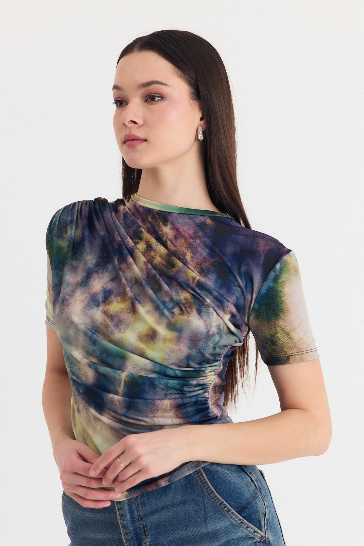 Yeşil Desenli Büzgülü Sandy Bluz 12303 - 7