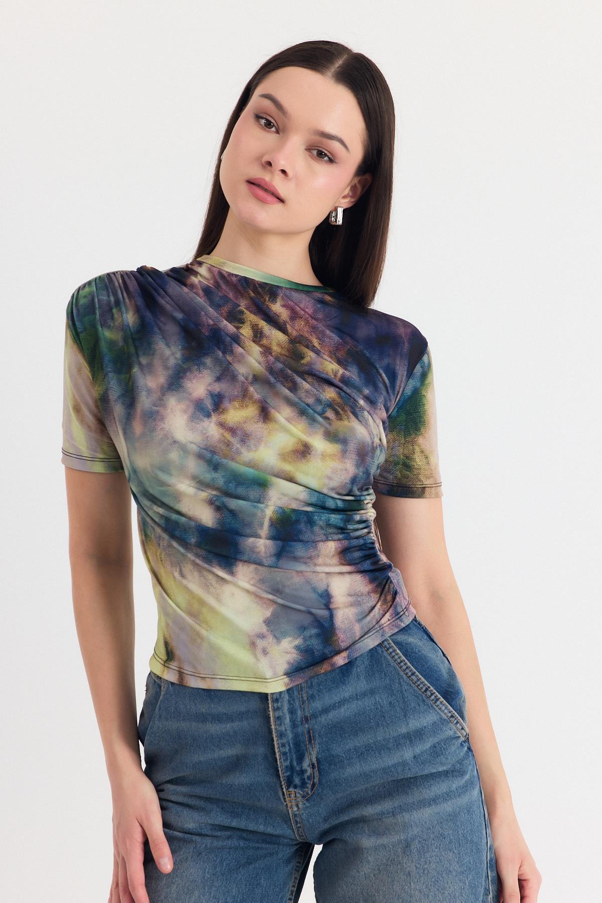 Yeşil Desenli Büzgülü Sandy Bluz 12303 - 1