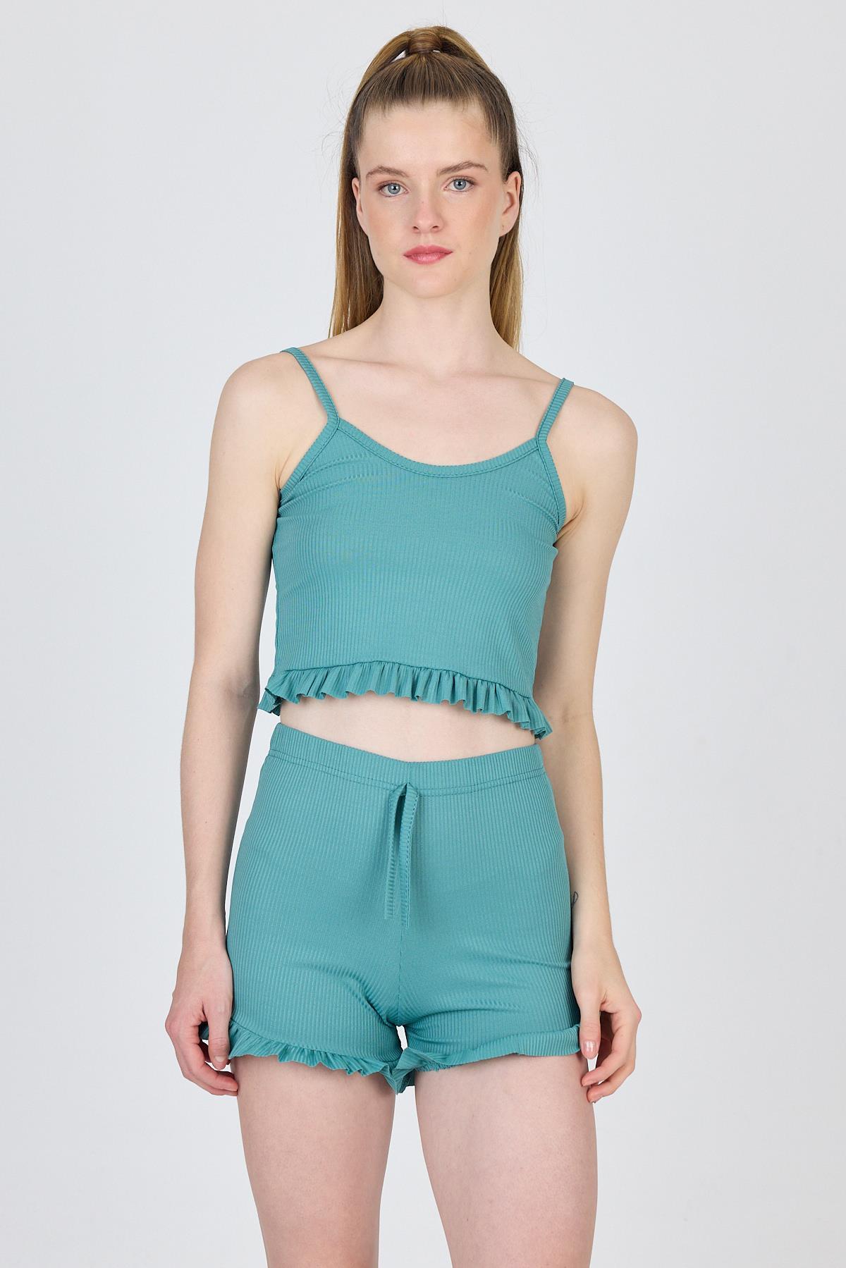 Yeşil İp Askılı Fırfırlı Şortlu Takım 0703 - 2