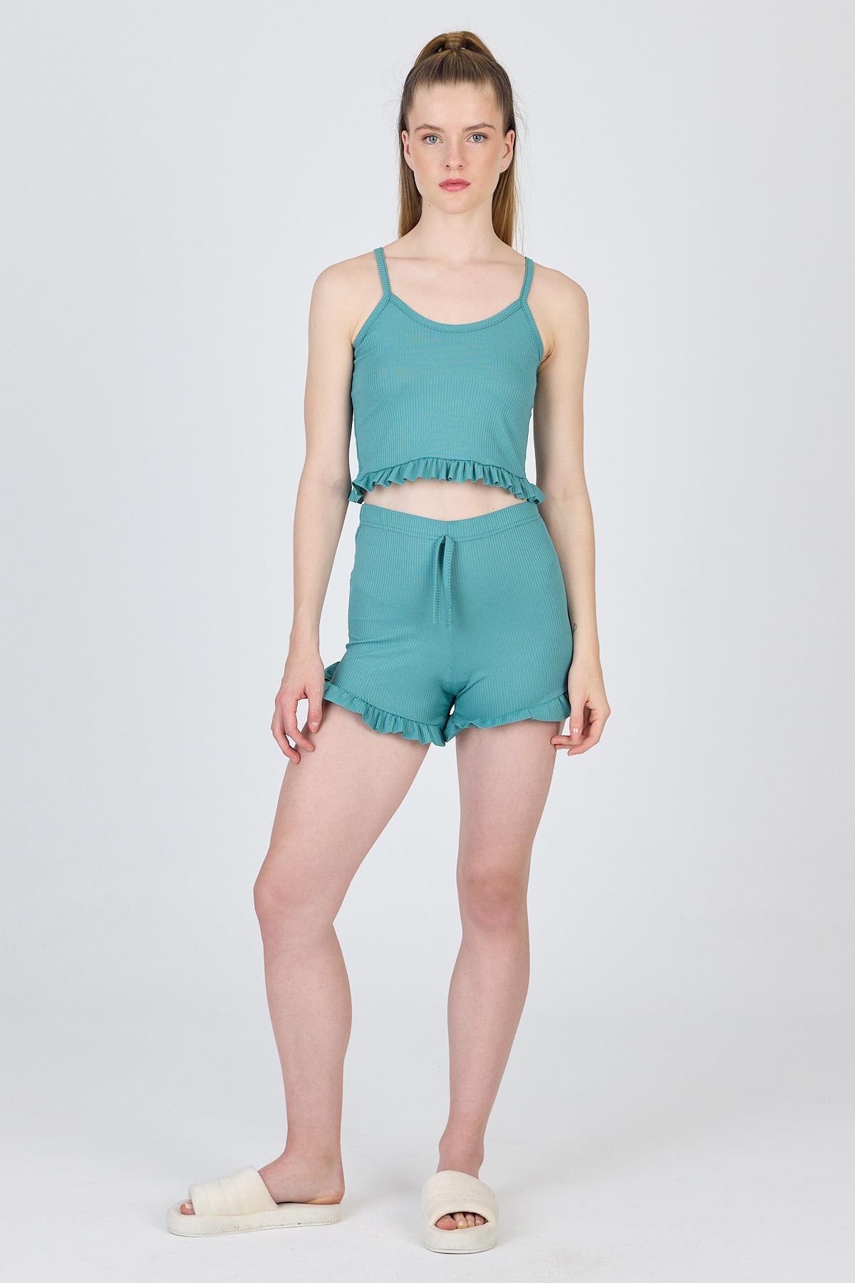 Yeşil İp Askılı Fırfırlı Şortlu Takım 0703 - RAYS