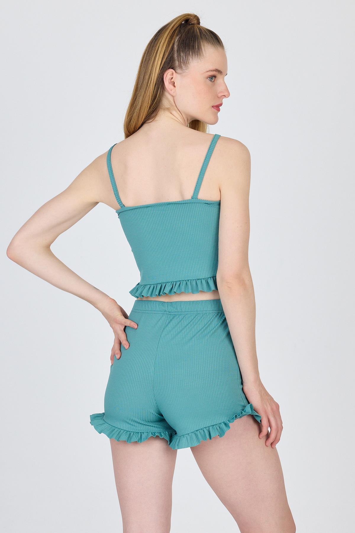 Yeşil İp Askılı Fırfırlı Şortlu Takım 0703 - 5