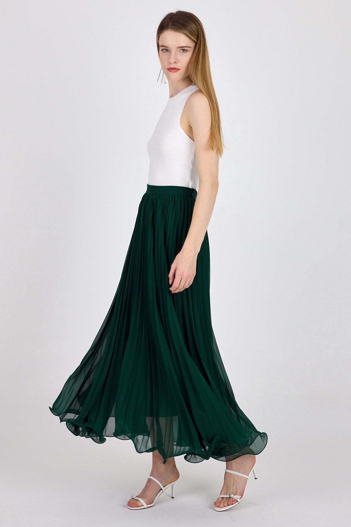 Yeşil Şifon Piliseli Yüksek Bel Maxi Etek 1003 - RAYS