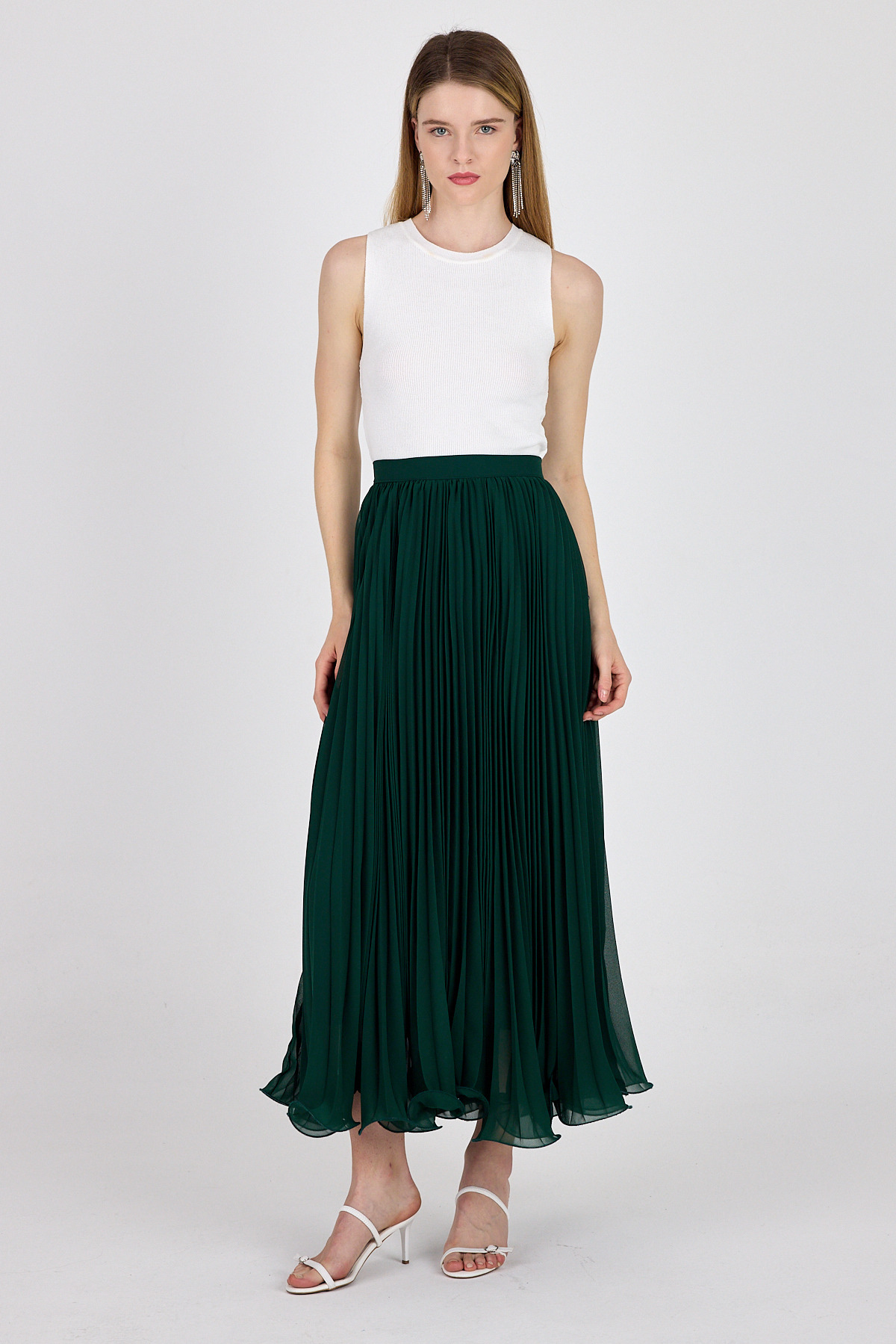 Yeşil Şifon Piliseli Yüksek Bel Maxi Etek 1003 - RAYS