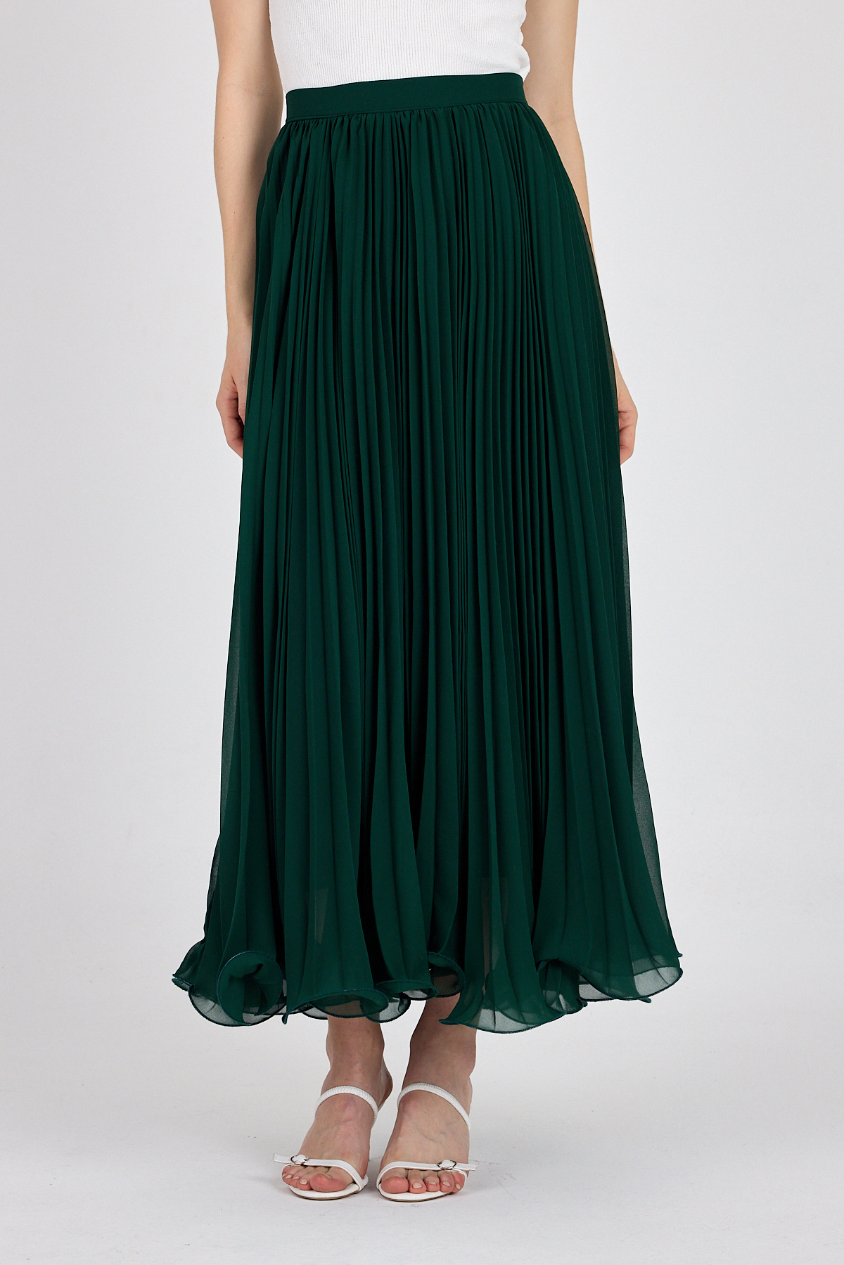 Yeşil Şifon Piliseli Yüksek Bel Maxi Etek 1003 - 3