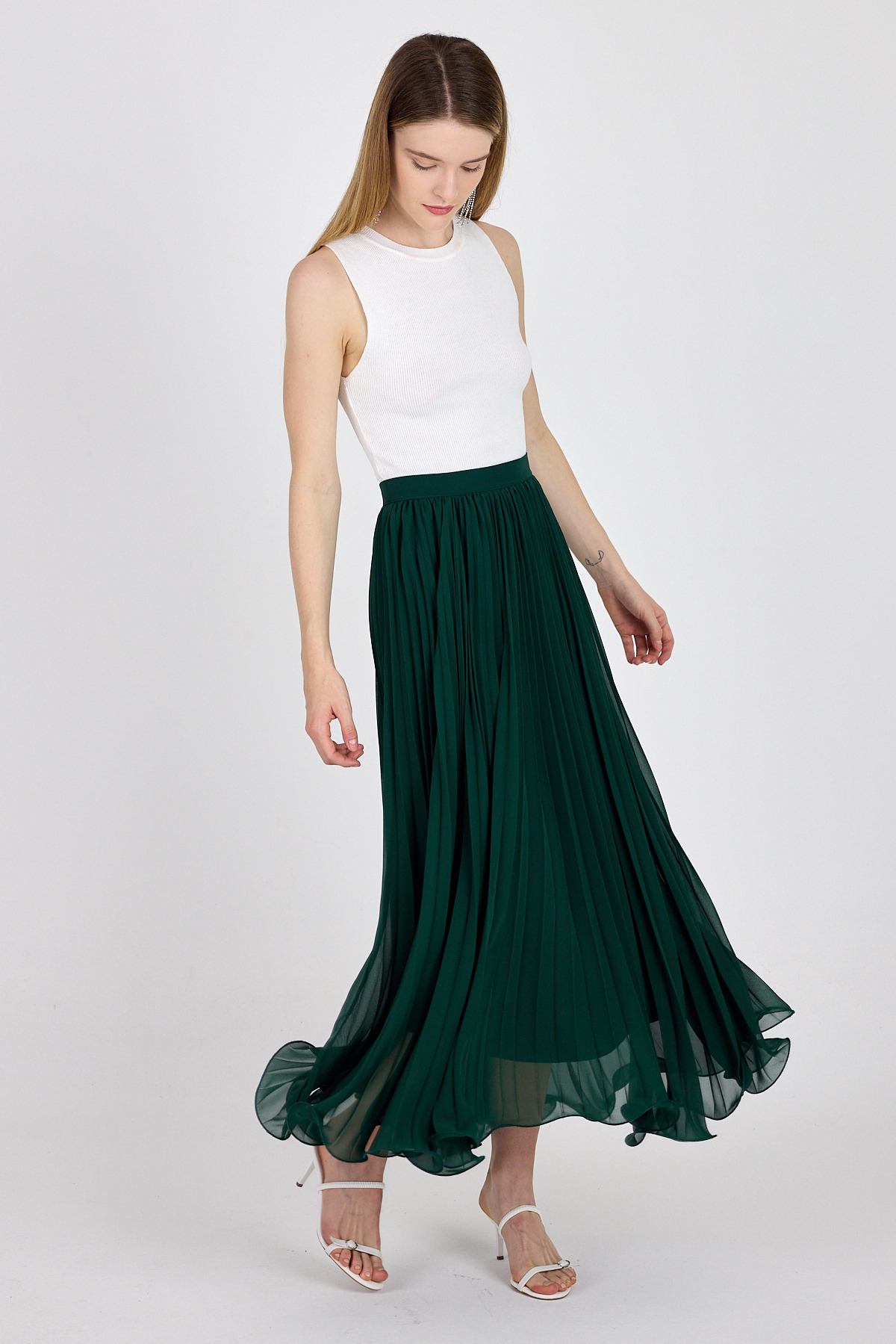 Yeşil Şifon Piliseli Yüksek Bel Maxi Etek 1003 - 7